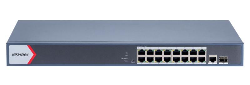 Switch 16 porturi POE Gigabit, Hikvision DS-3E1518P-EI(V2), Web management, 16 × gigabit PoE ports( PoE output power management), and 2 × gigabit fiber optical ports, IEEE 802.3at/af standard for PoE ports, AF/AT camera can reach up to 300 m in extend mode, PoE watchdog, RJ45 port, full duplex_1