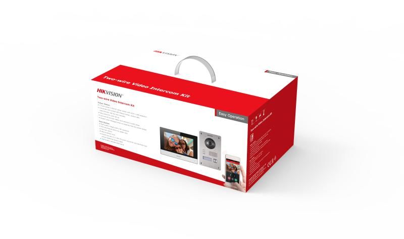 Kit videointercom IP Hikvision DS-KIS703Y-P, caracteristici post exterior: 2MP HD camera, IR: 3m, Main stream: 1280x720P, 1920x1080p, WDR, microfon inclus, difuzor inclus, 1 buton, alimentare: 12 V, 500 mA, temperatura de functionare: -40 °C to 60 °C; caracteristici post interior: ecran capacitiv_1