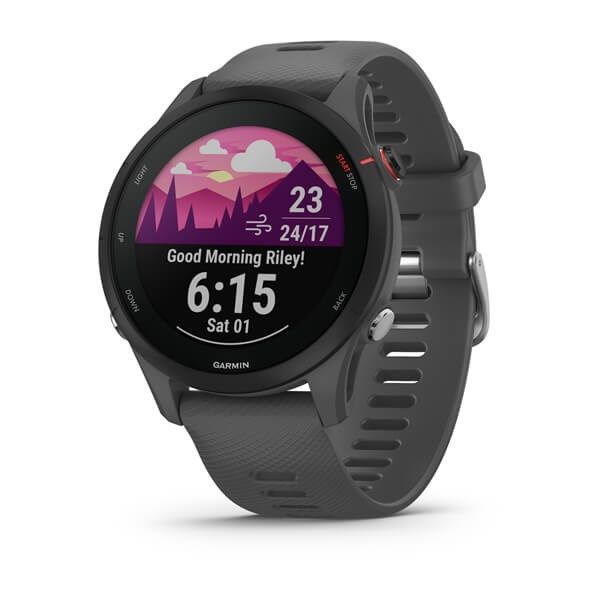 Ceas Garmin Forerunner 255, display 33mm, rezolutie displat 260x260 conectivitate Bluetooth™, ANT+, NFC, USB, functii accelerometru, giroscop, barometru, busola, termometru pentru temperatura exterioară, durata de viata baterie mod ceas inteligent: până la 14 zile, modul GNSS numai cu GPS: până la_5