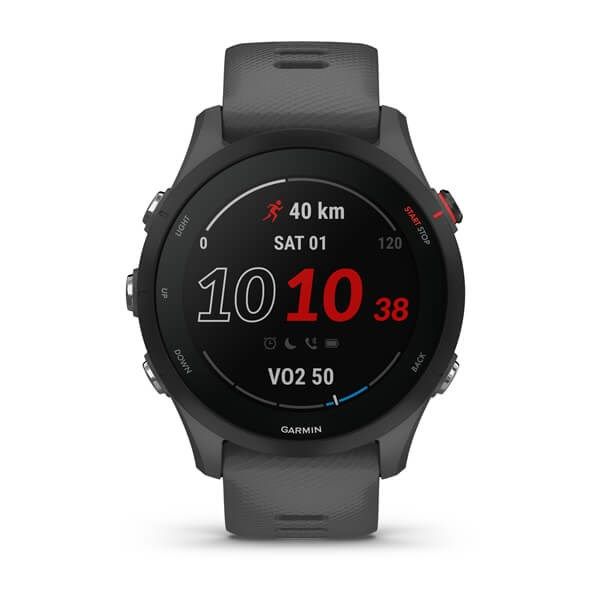 Ceas Garmin Forerunner 255, display 33mm, rezolutie displat 260x260 conectivitate Bluetooth™, ANT+, NFC, USB, functii accelerometru, giroscop, barometru, busola, termometru pentru temperatura exterioară, durata de viata baterie mod ceas inteligent: până la 14 zile, modul GNSS numai cu GPS: până la_6