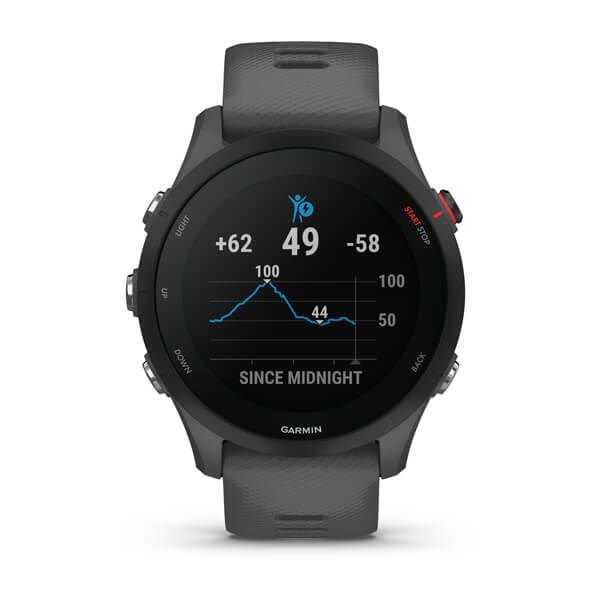 Ceas Garmin Forerunner 255, display 33mm, rezolutie displat 260x260 conectivitate Bluetooth™, ANT+, NFC, USB, functii accelerometru, giroscop, barometru, busola, termometru pentru temperatura exterioară, durata de viata baterie mod ceas inteligent: până la 14 zile, modul GNSS numai cu GPS: până la_7