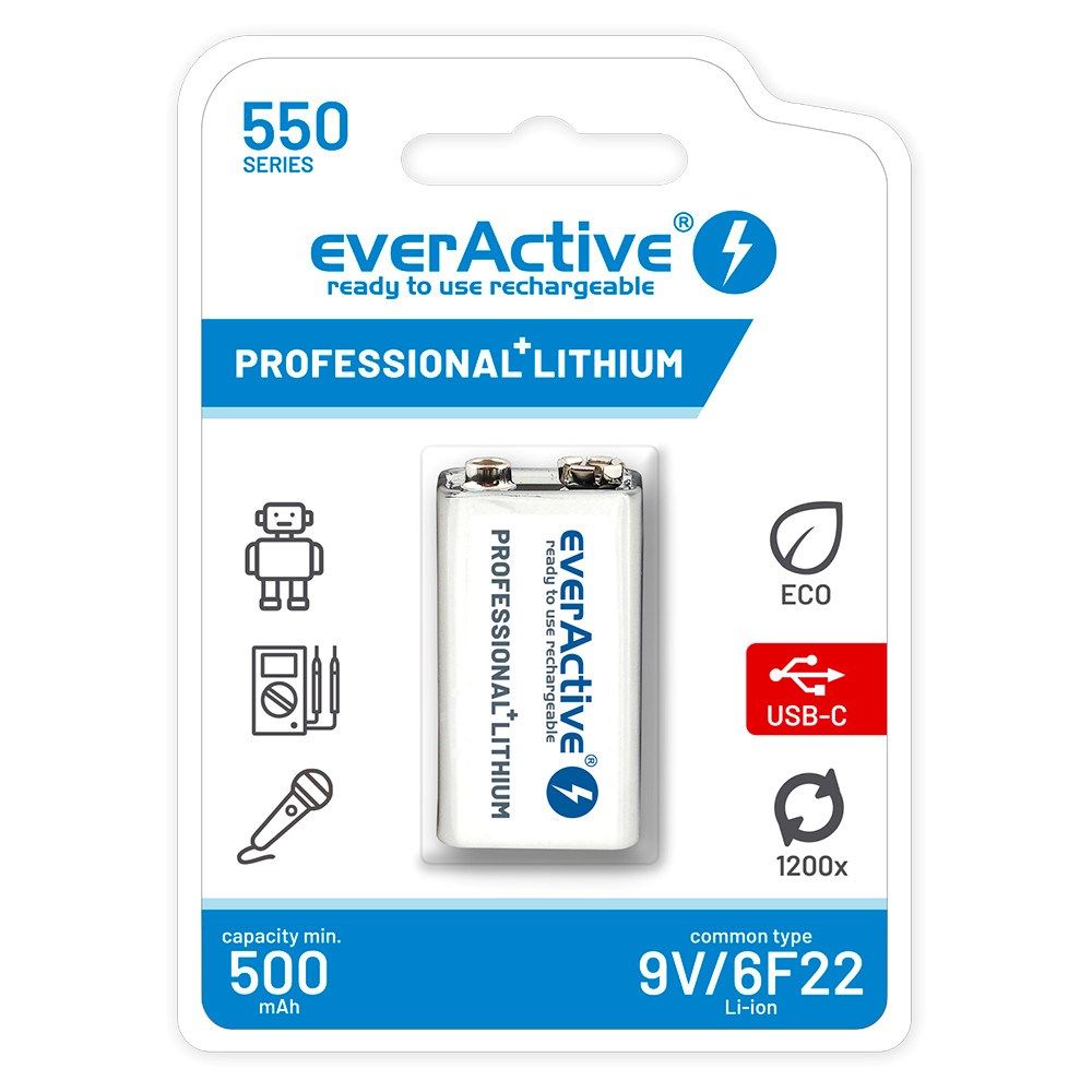Rechargeable battery  everActive 6F22/9V Li-ion 550 mAh with USB TYPE C_1
