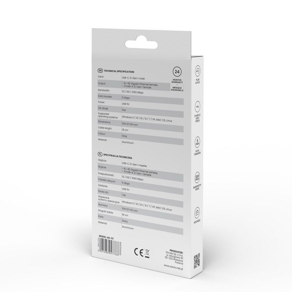 Savio AK-57 USB-C - 3 x USB-A HUB with RJ-45 Gigabit Ethernet adapter  5000 Mbit/s  grey_2