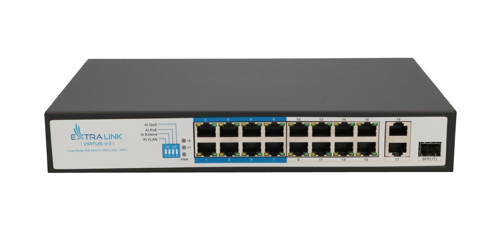 Extralink PoE Switch VIRTUS V3 16x 100Mb/s PoE/PoE+  2x Gigabit RJ45 + 1x SFP  150W_1