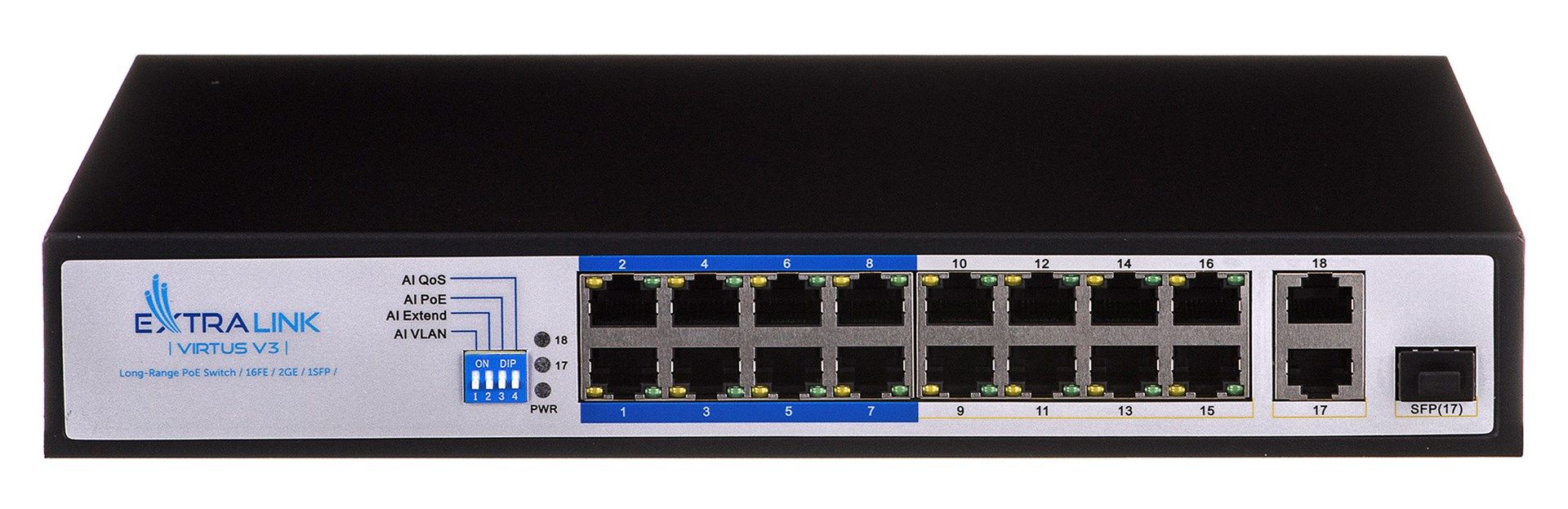 Extralink PoE Switch VIRTUS V3 16x 100Mb/s PoE/PoE+  2x Gigabit RJ45 + 1x SFP  150W_10