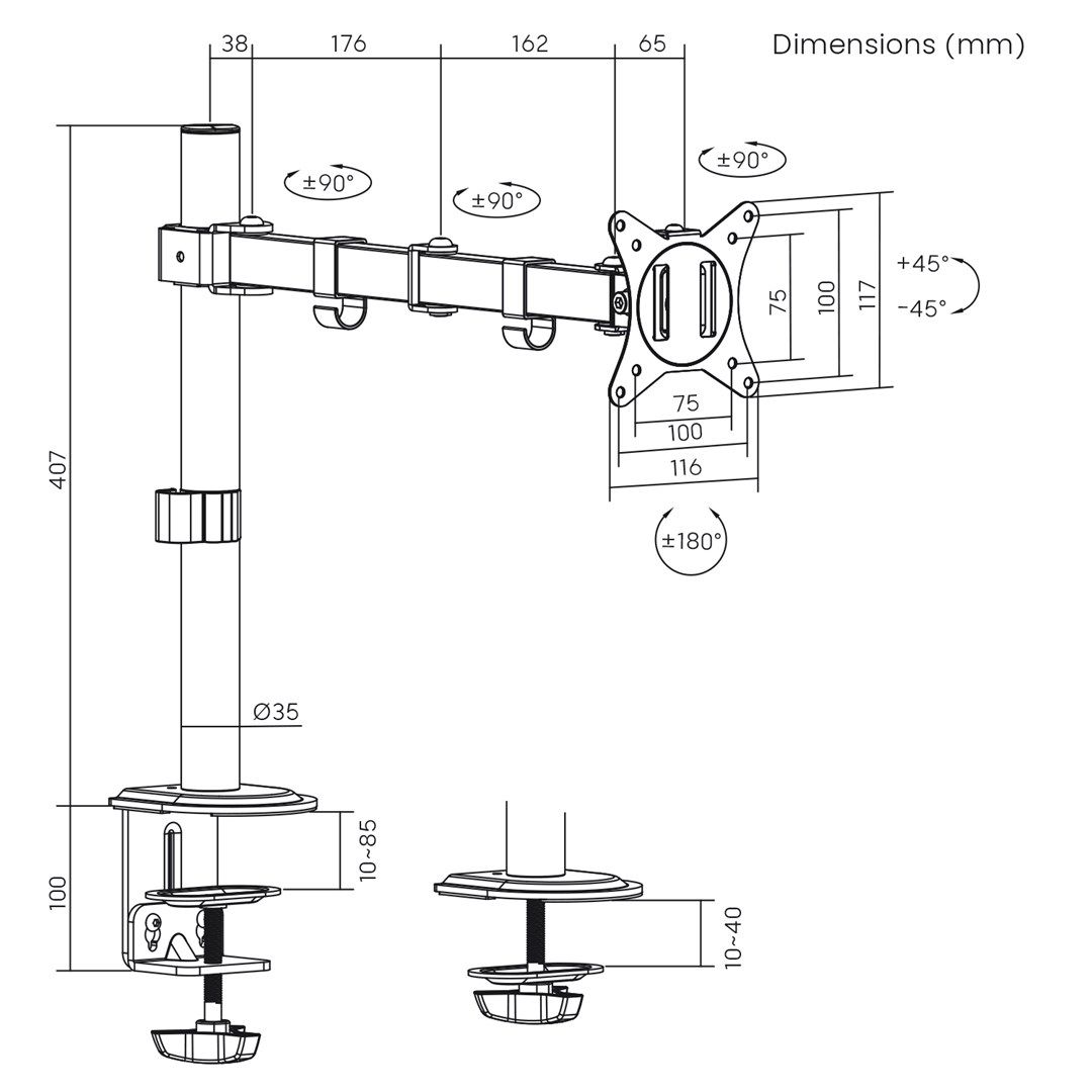 Maclean MC-753N LCD Monitor Desk Mount 17-32  9kg VESA 75x75 100x100 Single Arm Extendable Adjustable_2