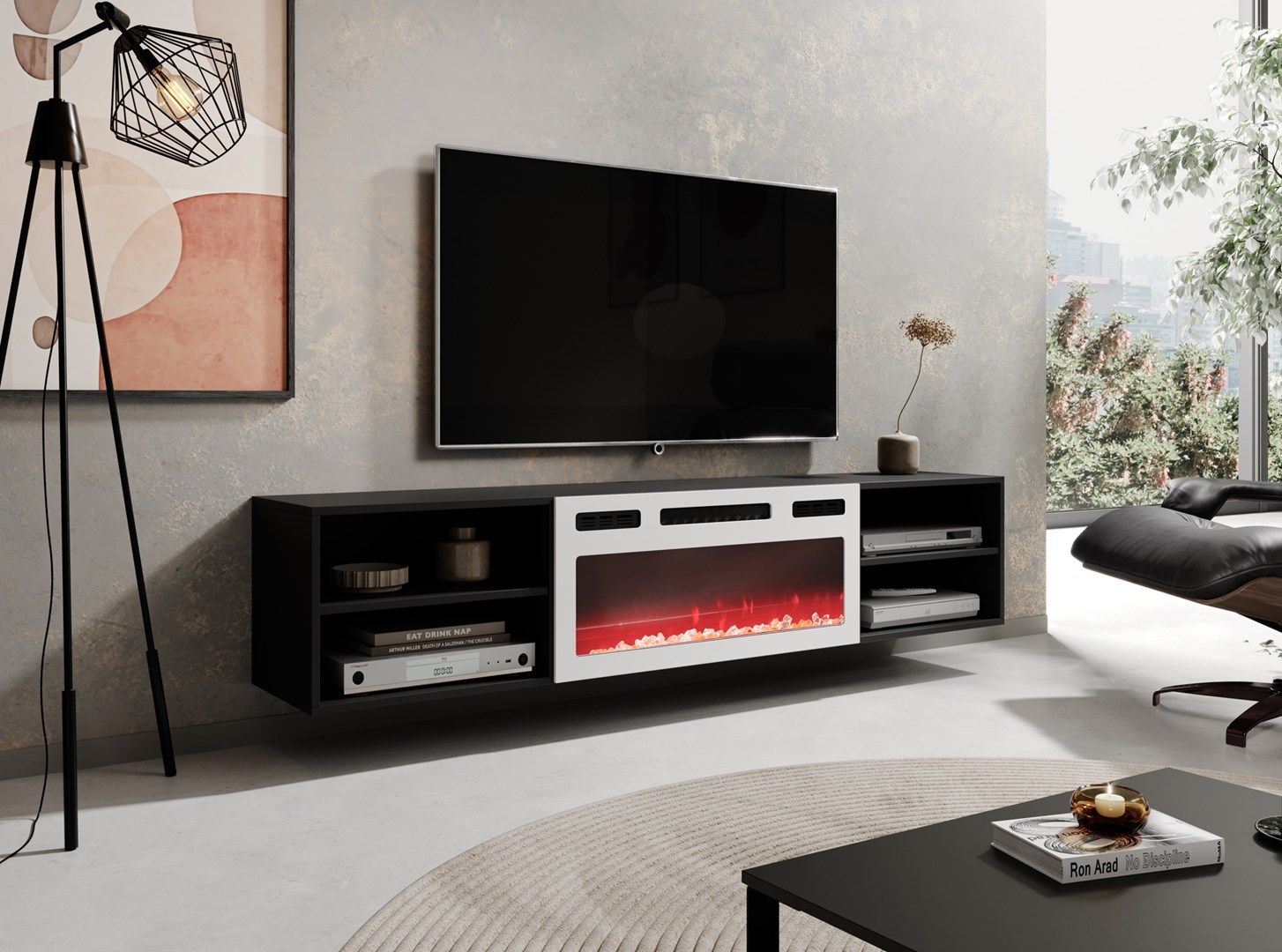 RTV cabinet POLO 180x33x39 black + fireplace white_4
