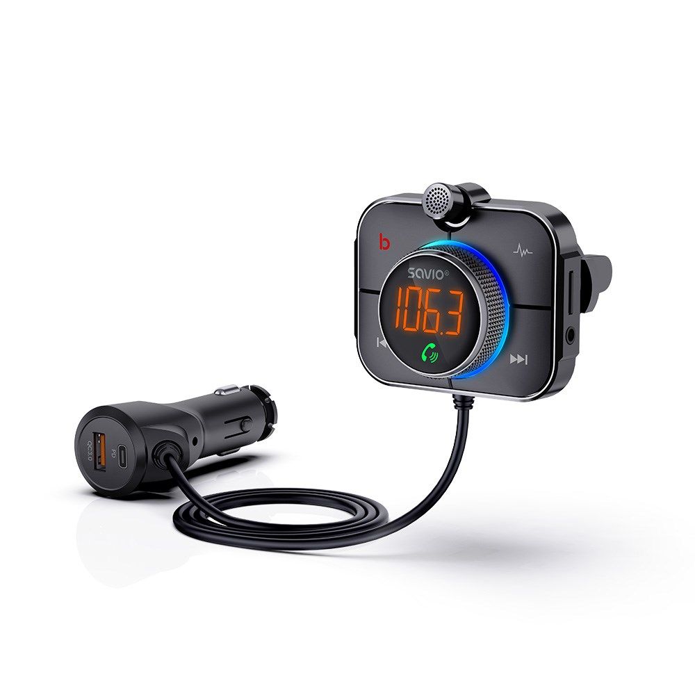SAVIO FM transmitter  Bluetooth 5.0  QC/PD 3.0 charger  ENC  AUX OUT  Micro SD  TR-14  black_1