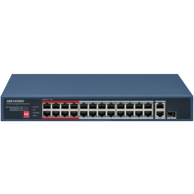 Switch Hikvision DS-3E0326P-E/M(C); 24 Port Fast Ethernet Unmanaged POE Switch Intelligent PoE Management When the power supply exceeds the limit, PoE ports intelligently manage the power supply, which extends the switch lifetime. Up to 300 m Long Range PoE Transmission The distance between IPCs and_1