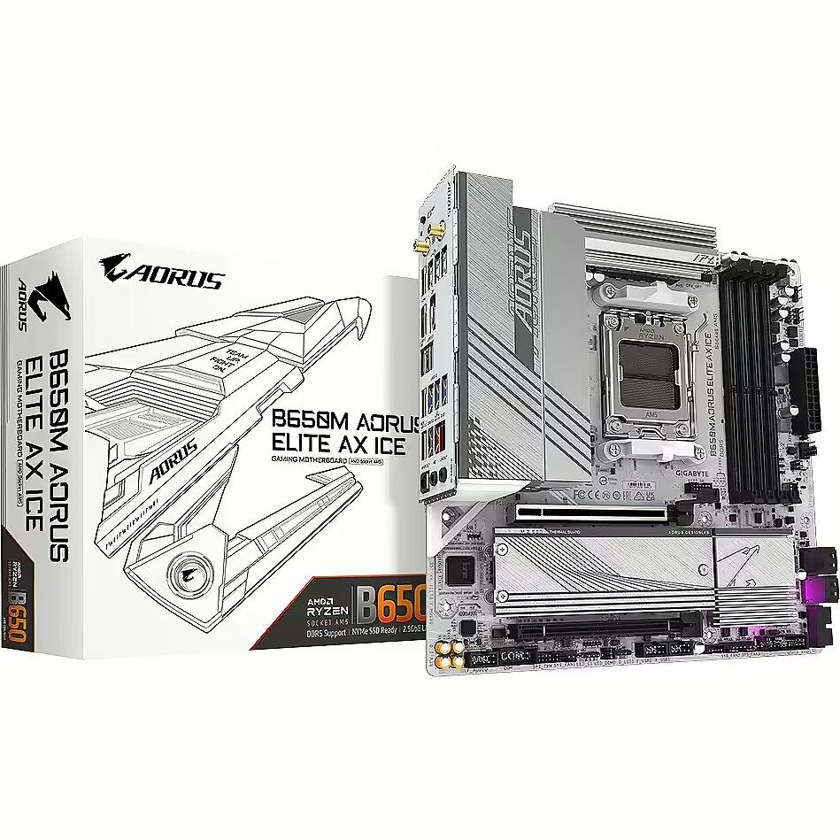 Gigabyte | B650M A ELITE AX ICE | Processor family AMD | Processor socket AM5 | DDR5 | Supported hard disk drive interfaces SATA  M.2 | Number of SATA connectors 4_1