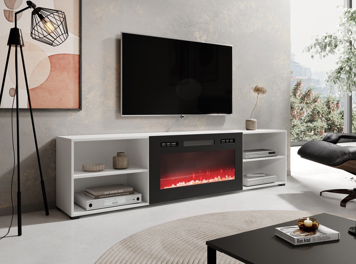 RTV cabinet POLO 200x33x50.5 white + fireplace black_2