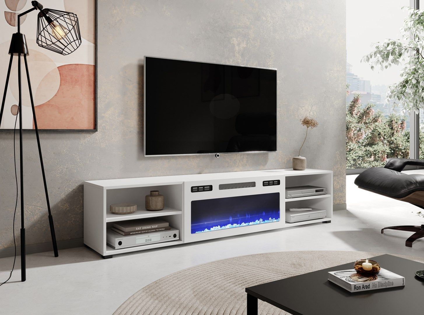 RTV cabinet POLO 180x33x39 white + fireplace white_4