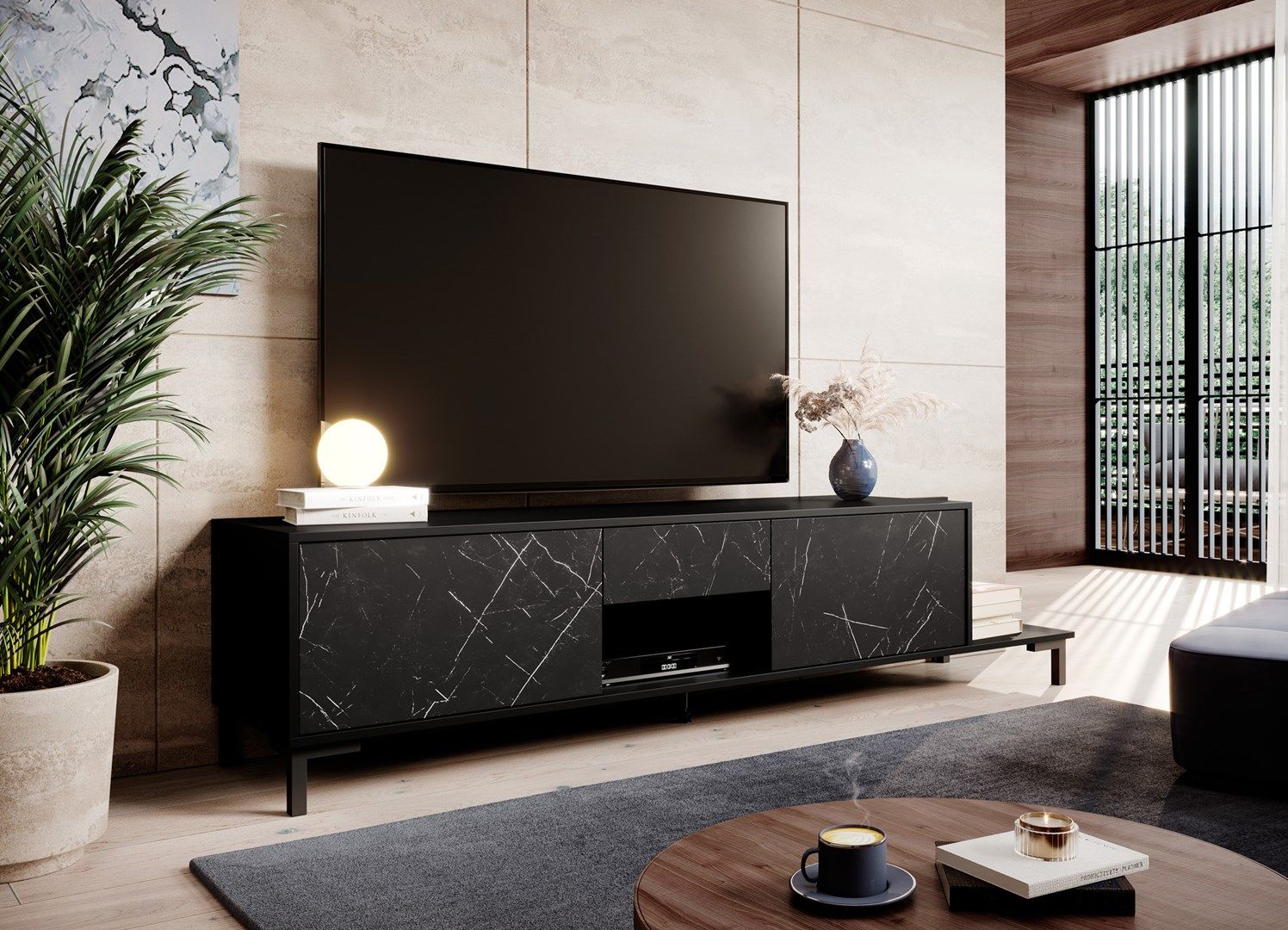 RTV cabinet MARMO 2D1S1K 195x40x47.5 cm black matt/marble black_3