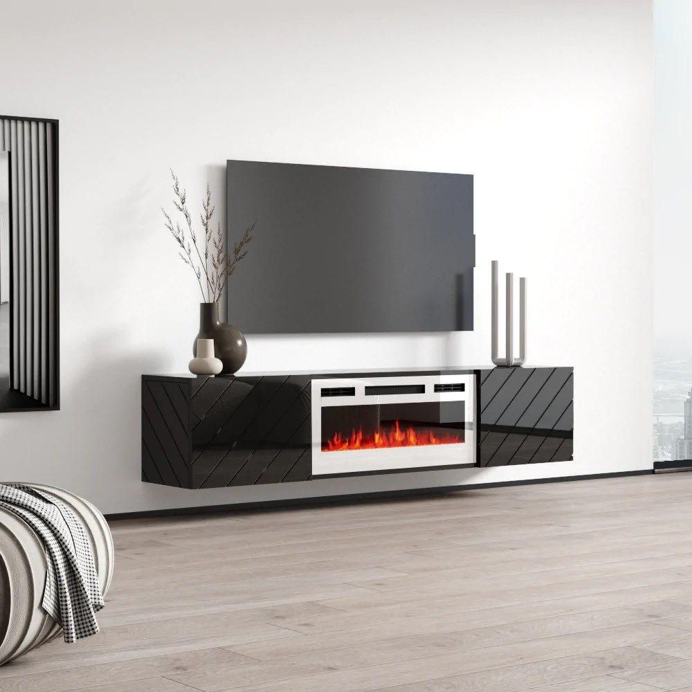 RTV LUXE cabinet 182.6x34.5x37.5 black/black gloss + white fireplace_2
