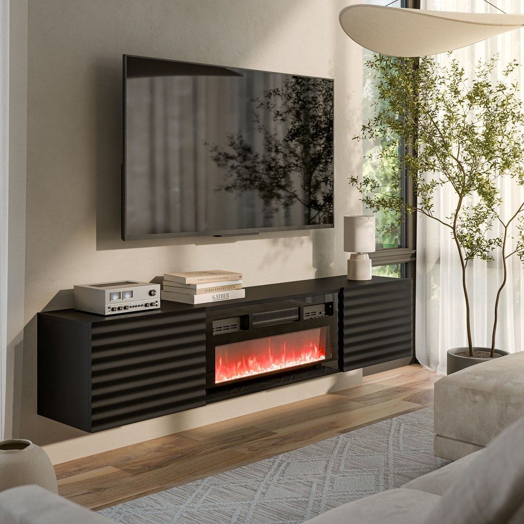 Cama RTV cabinet TULA 183x35x37 black matt + black fireplace_3