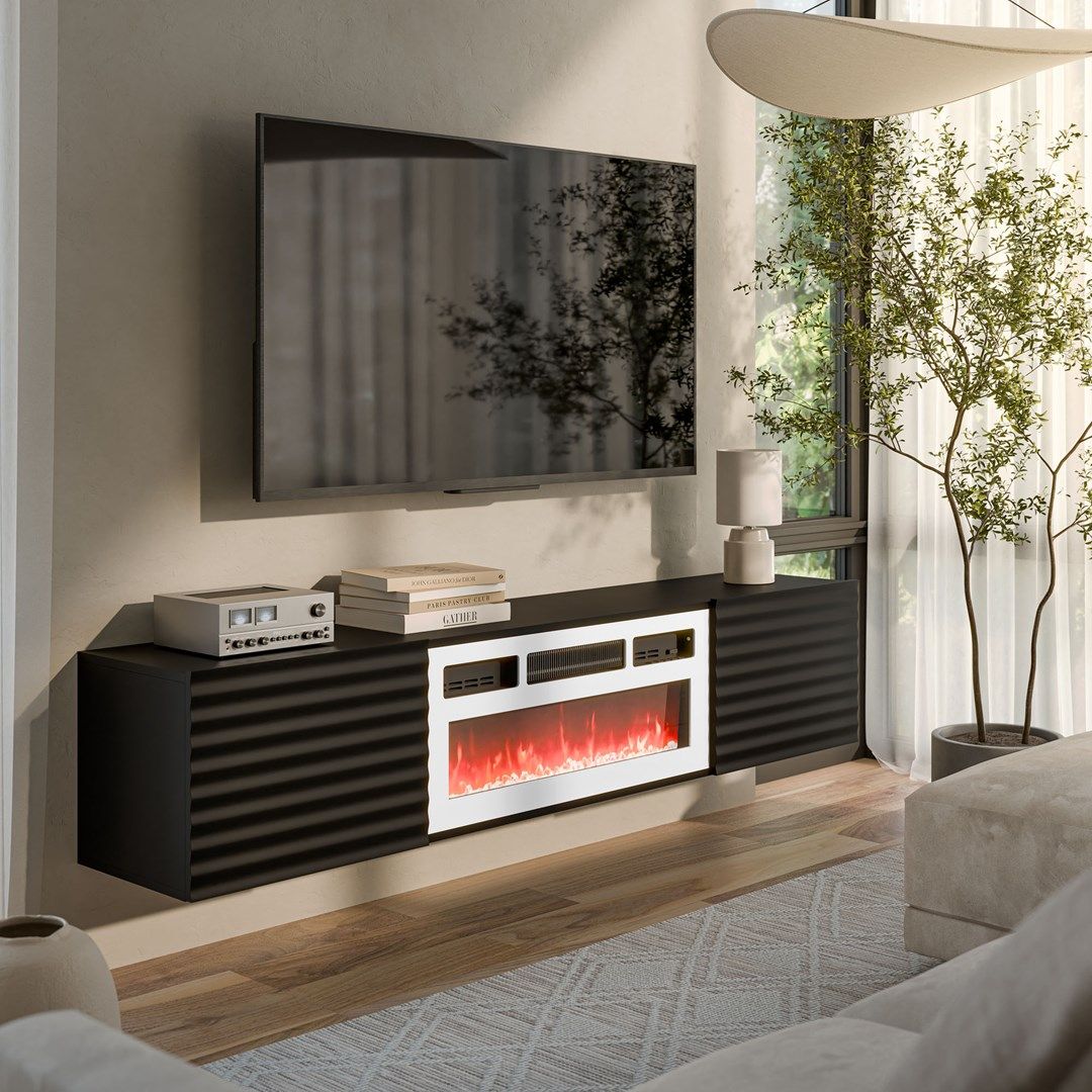 Cama RTV cabinet TULA 183x35x37 black matt + white fireplace_3