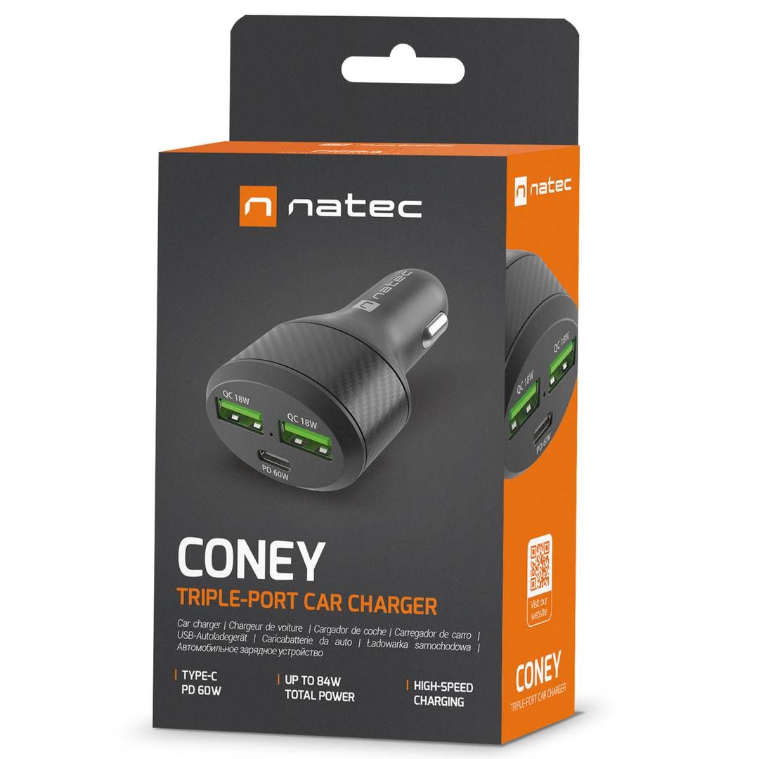 NATEC CONEY CAR CHARGER 2X USB 1X USB-C QUICK CHARGE 84W BLACK_2