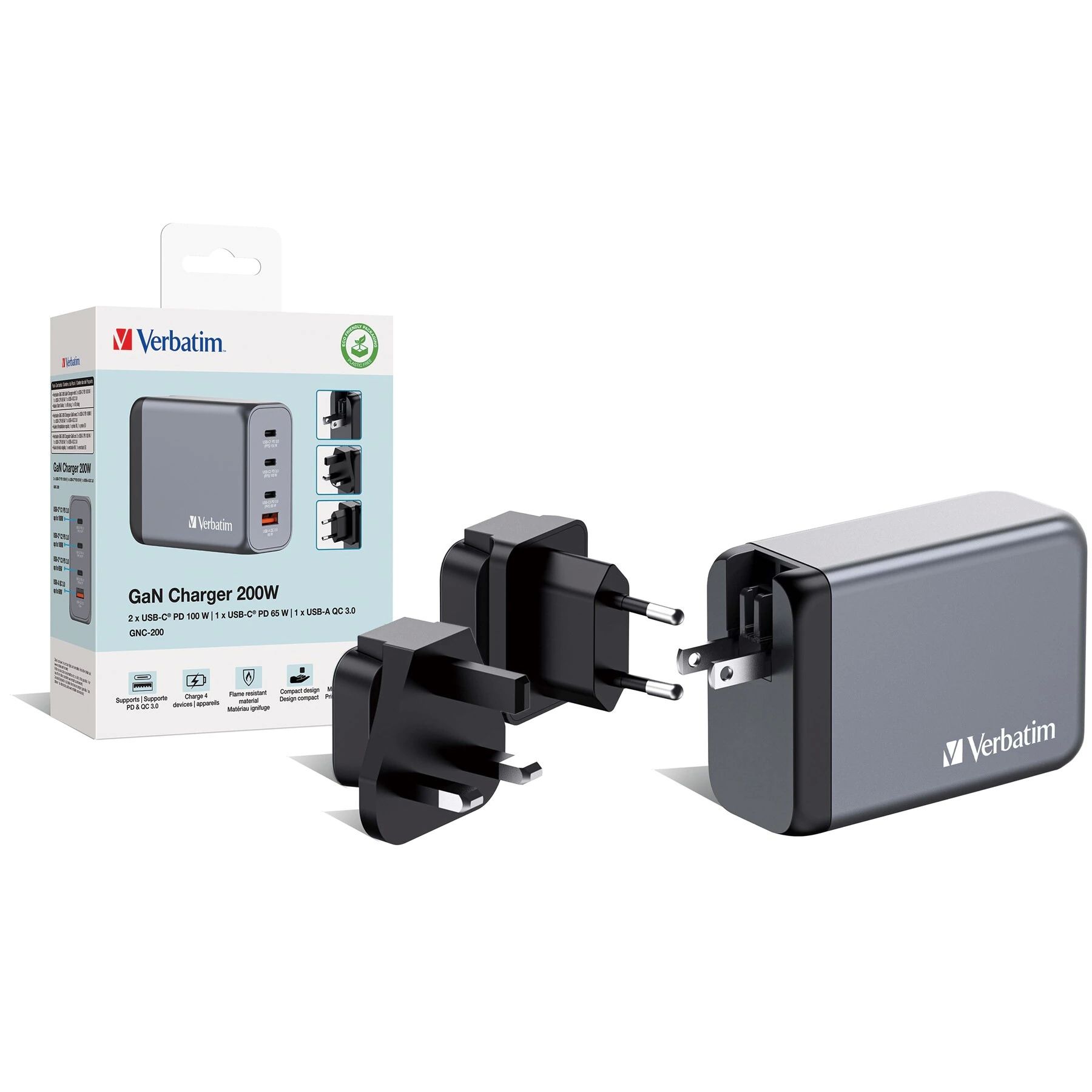 Verbatim GNC-200 GaN Charger 4 Port 200W USB A/C (EU/UK/US_3