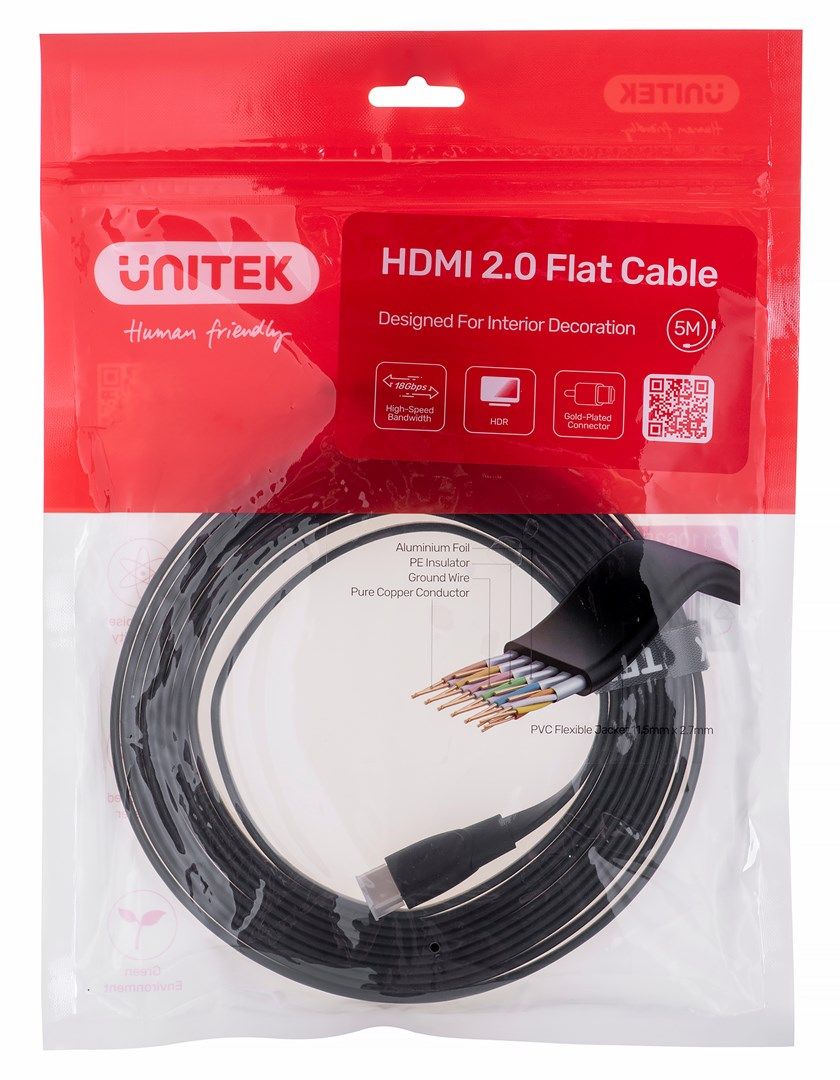 UNITEK HDMI CABLE 2.0 4K60HZ FLAT  5M  C11063BK-5M_1