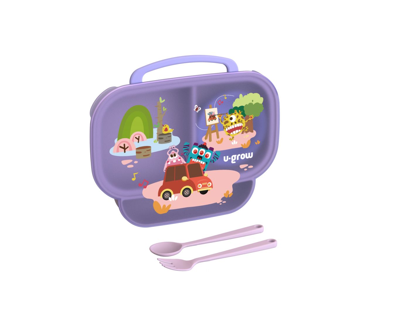 Farfurie compartimentata cu capac si lingurita si furculita, mov, U-Grow_1