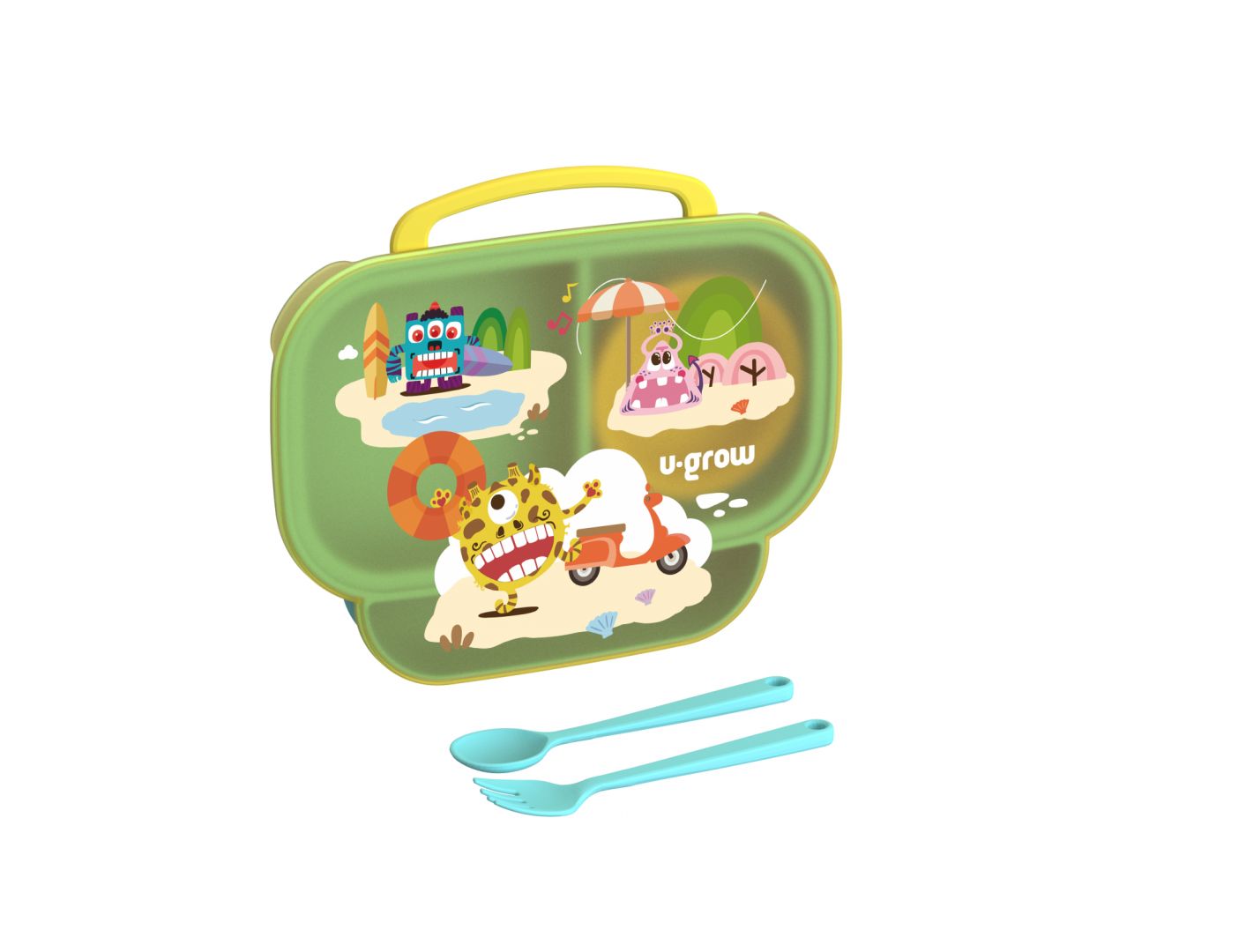 Farfurie compartimentata cu capac si lingurita si furculita, galbena, U-Grow_1