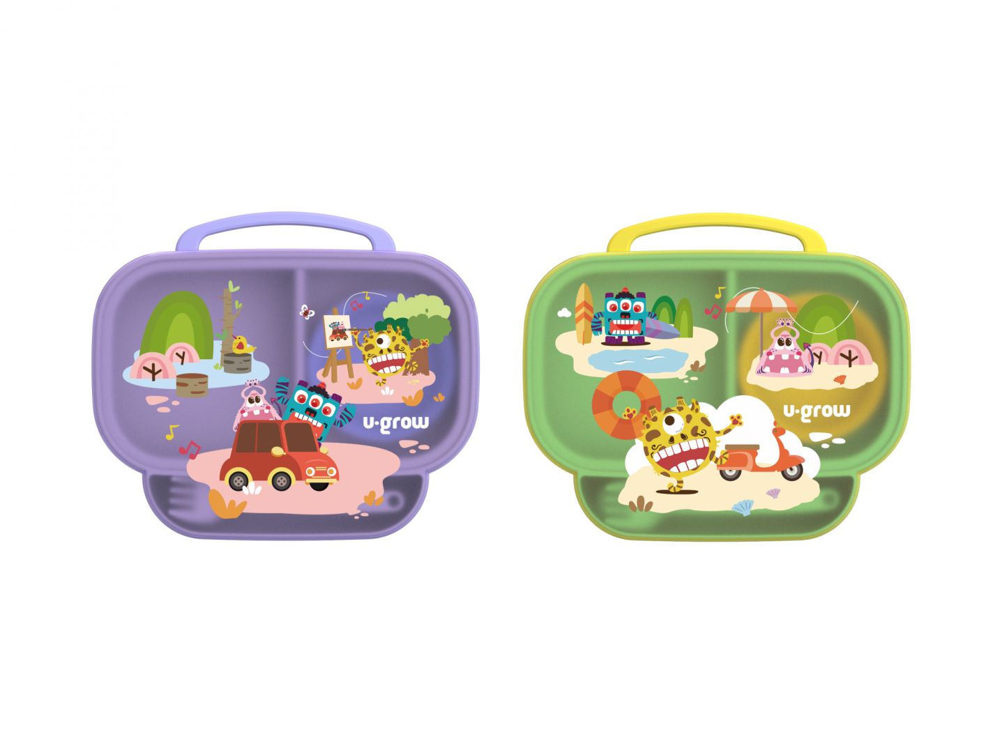 Farfurie compartimentata cu capac si lingurita si furculita, galbena, U-Grow_3