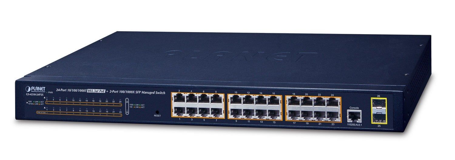 PLANET GS-4210-24P2S network switch Managed L2/L4 Gigabit Ethernet (10/100/1000) Power over Ethernet (PoE) 1U Blue_1