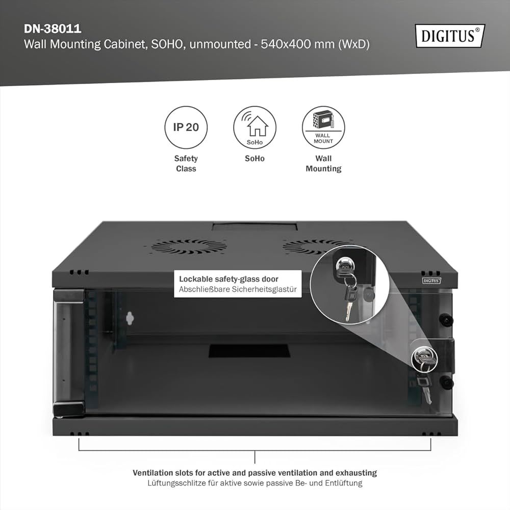 Wall-mounted network cabinet 19  4U  SOHO 241 x 540 x 400 mm  door glass  black  unfolded  60kg_4