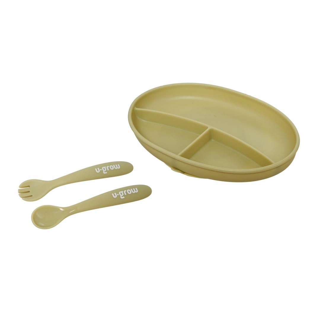 Set farfurie cu lingurita si furculita silicon, olive,U-Grow_1