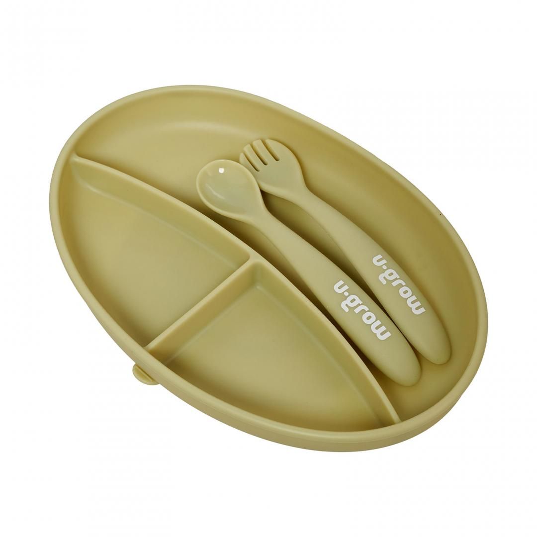 Set farfurie cu lingurita si furculita silicon, olive,U-Grow_2