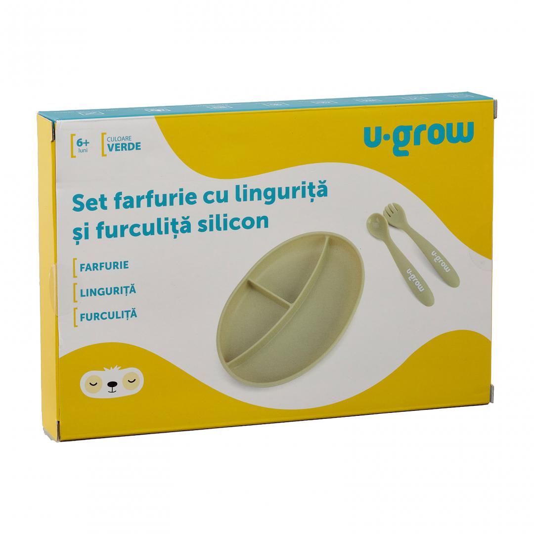 Set farfurie cu lingurita si furculita silicon, olive,U-Grow_3