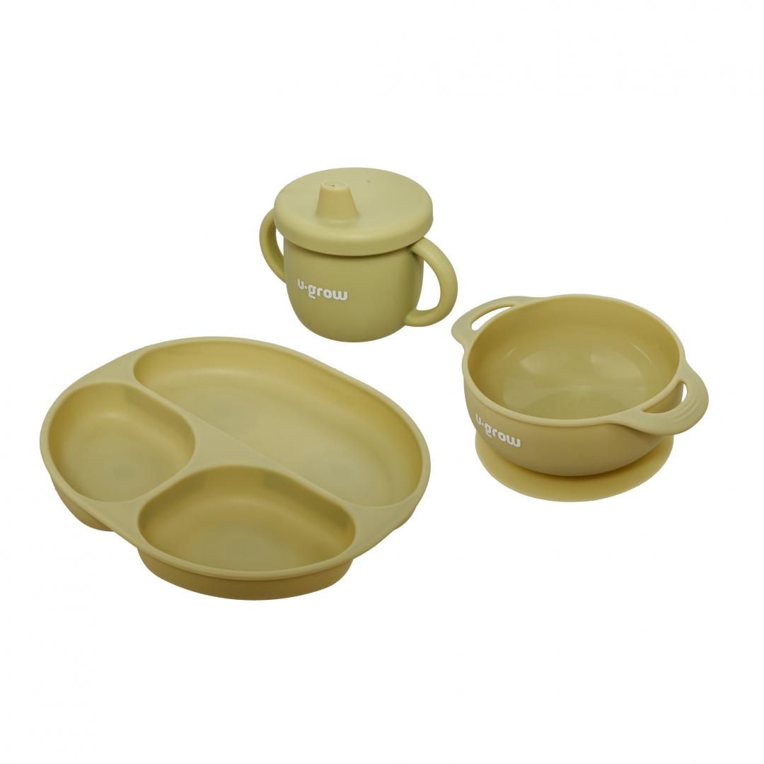 Set diversificare 3 piese silicon : bol , farfurie si cana cu cioc, olive, U-Grow_1