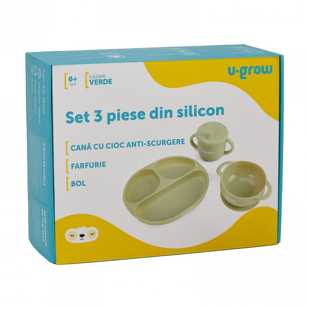 Set diversificare 3 piese silicon : bol , farfurie si cana cu cioc, olive, U-Grow_7