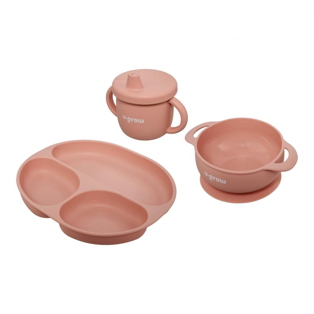 Set diversificare 3 piese silicon : bol , farfurie si cana cu cioc, roz, U-Grow_1