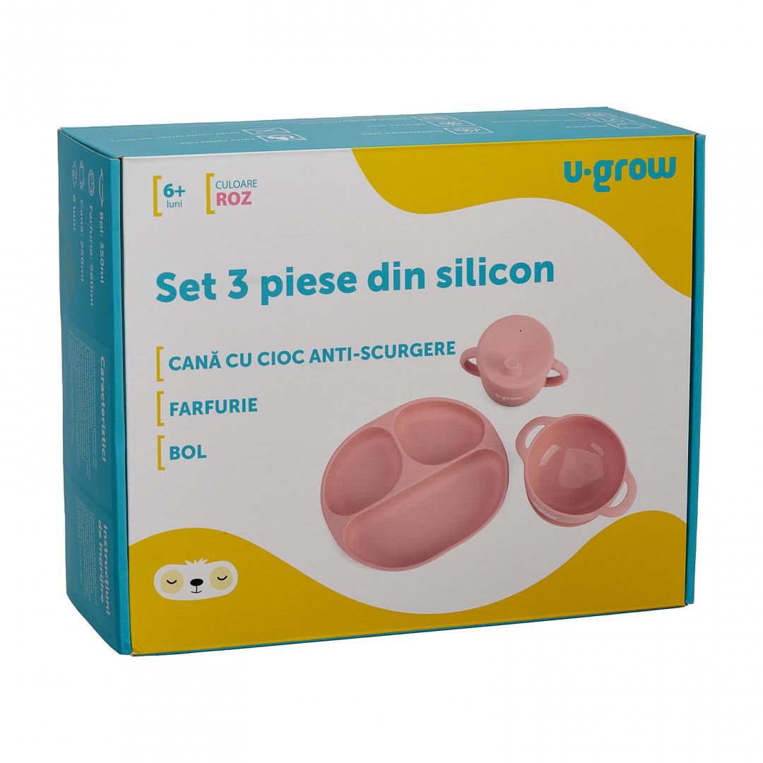 Set diversificare 3 piese silicon : bol , farfurie si cana cu cioc, roz, U-Grow_7