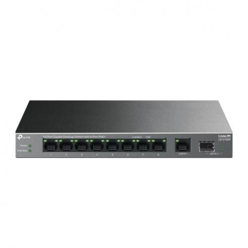 TP-LINK 5-PORT GIGABIT SWITCH LS108GP, interfata  9× 10/100/1000 Mbps RJ45 Ports (Ports 1–8 supports PoE+ output), 1× Gigabit SFP Port, porturi Standard: 802.3at/802.3af compliant,  PoE Ports: Ports 1–8, pana la 30 W PoE output per port, PoE Budget: 62 W, dimensiuni 8.2× 4.9×1.0 in (209×126×26 mm)_1