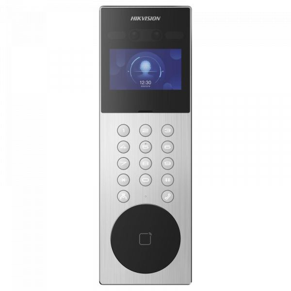 Videointerfon de exterior IP cu recunoastere faciala si pin digitala Hikvision DS-KD9203-ME6, recunoaste pana la 5000 imagini faciale, 50000 carduri,10000 utilizatori, deschidere faciala, amprenta si card, configurare remote via web, ecran 4.3-inch colorful LCD, camera video 2 x 2MP HD, comunicare_1