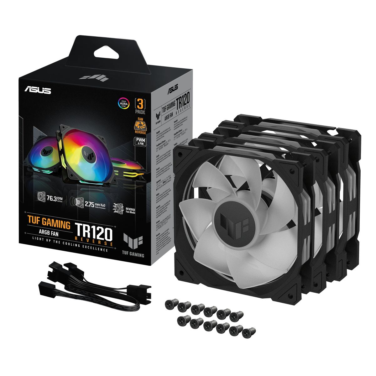 Ventilator Carcasa ASUS TUF GAMING TR120 ARGB NEGRU REVERSE, dimensiune ventilator 120mm, viteza 2400 RPM +/- 10%, Airflow: 76.3 CFM, Presiune Statica: 2.75 mm-H2O, Nivel de zgomot: 29dBA AURA SYNC_1