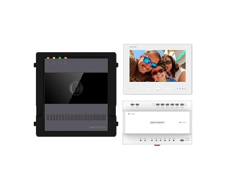 Kit videointercom IP Hikvision DS-KIS704EY/AL; kit-ul contine: 1x DS- KH7300EY-WTE2/WH, 1x DS-KD-ACW1, 1x DS-KD7003EY-IME2/AL, 1x DS- KSD7040EY, 1x 36W DIN RAIL PSU, 1x 32GB TF CARD, caracteristici post exterior: 2MP HD camera, IR, WDR, microfon inclus, difuzor inclus, 1 buton, alimentare: 12 VDC_1