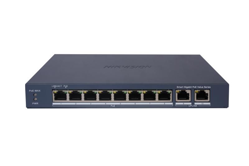 Switch 8 porturi Gigabit, Hikvision DS-3E1510P-EI/M, 8 × gigabit PoE ports, and 2 × Gigabit RJ45, IEEE 802.3af,IEEE 802.3at,  MAC address table: 4 K, PoE power budget 60W (Max. port power 30W), material metal, dimensiuni: 217.6 mm × 27.6 mm × 108.5 mm, greutate: 1.08 kg_1