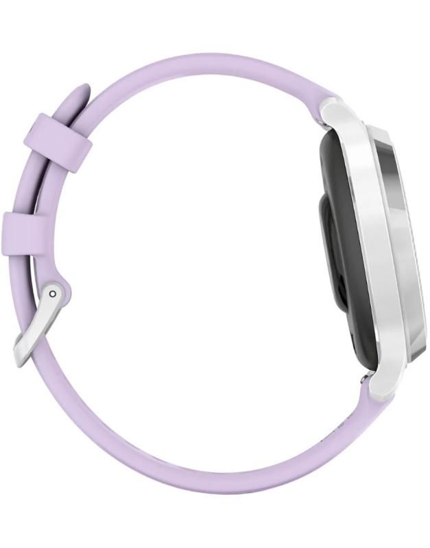 Ceas Garmin Lily 2, display AMOLED, dimensiune afisaj 25,4 mm x 21,3 mm, rezolutie afisaj 240 x 201 pixeli, memorie 8GB, autonomie pana la 9 zile, rezistanta la apa pana la 5 ATM, greutate: 24,4g, ramă Argintiu, şi curea Purple Jasmine din silicon_2