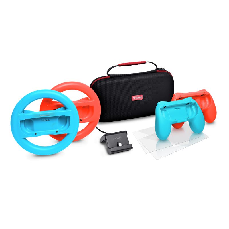 Pachet accesorii Trust pentru conosola Nintendo Switch, pachetul contine: husa de transport, 2 x prinderi Joy-Con, 2 x volan, sticla securizata pentru Switch, sticla securizata pentru Switch OLED, stand de incarcare, cablu USB-C-A, manual de utilizator_1