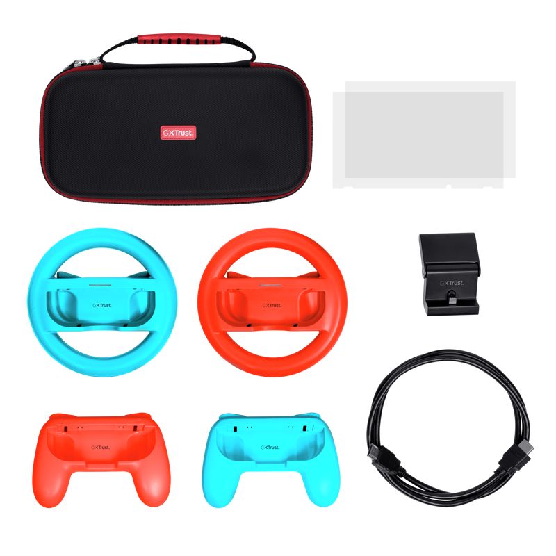 Pachet accesorii Trust pentru conosola Nintendo Switch, pachetul contine: husa de transport, 2 x prinderi Joy-Con, 2 x volan, sticla securizata pentru Switch, sticla securizata pentru Switch OLED, stand de incarcare, cablu USB-C-A, manual de utilizator_2