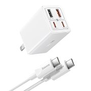 INCARCATOR RETEA Baseus GaN6 Pro, Quick Charge 65W, 2 x USB Type-C Output 5V/3A, 2 x USB (include cablu USB Type-C la USB Type-C de 100W), alb 