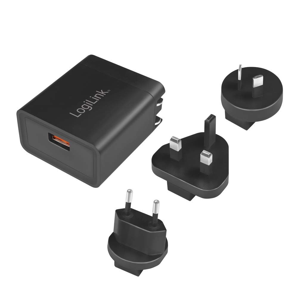 ALIMENTATOR retea 220V LOGILINK, universal, 1 x USB-A, maxim 3A (5V), 18W (12V/1.5A), adaptor US/AU/UK/EU, suport OCP/OVP/OHP/SCP, negru, 
