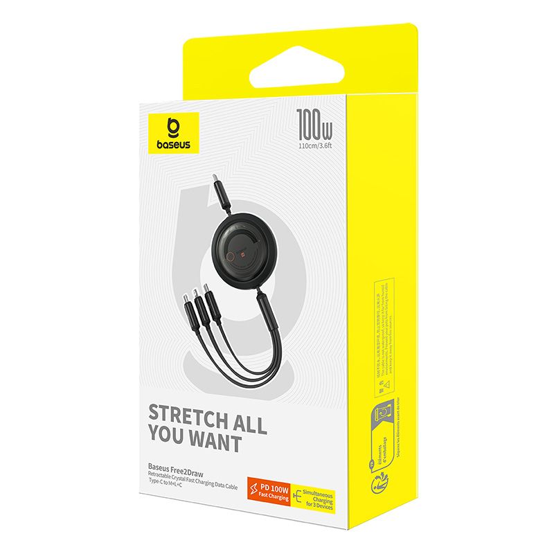 CABLU alimentare si date Baseus Free2Pull Mini,Fast Charging Data Cable,retractabil universal,USB Type-C la USB Type-C,micro USB si Lightning  100W,1.1m,negru 