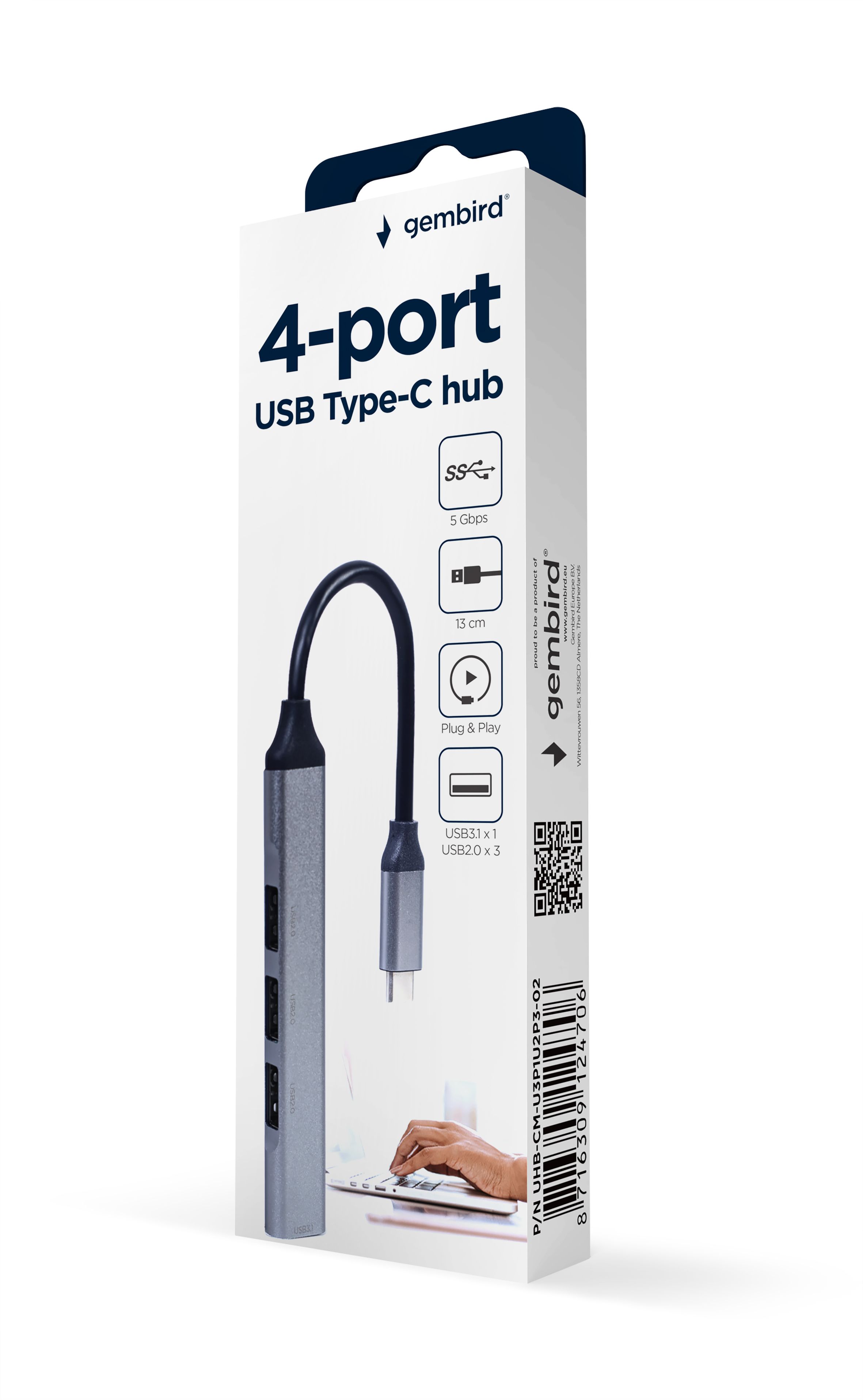 HUB extern GEMBIRD, porturi USB: USB-A 3.1 x 1, USB-A 2.0 x 3, conectare prin USB-A, argintiu, 