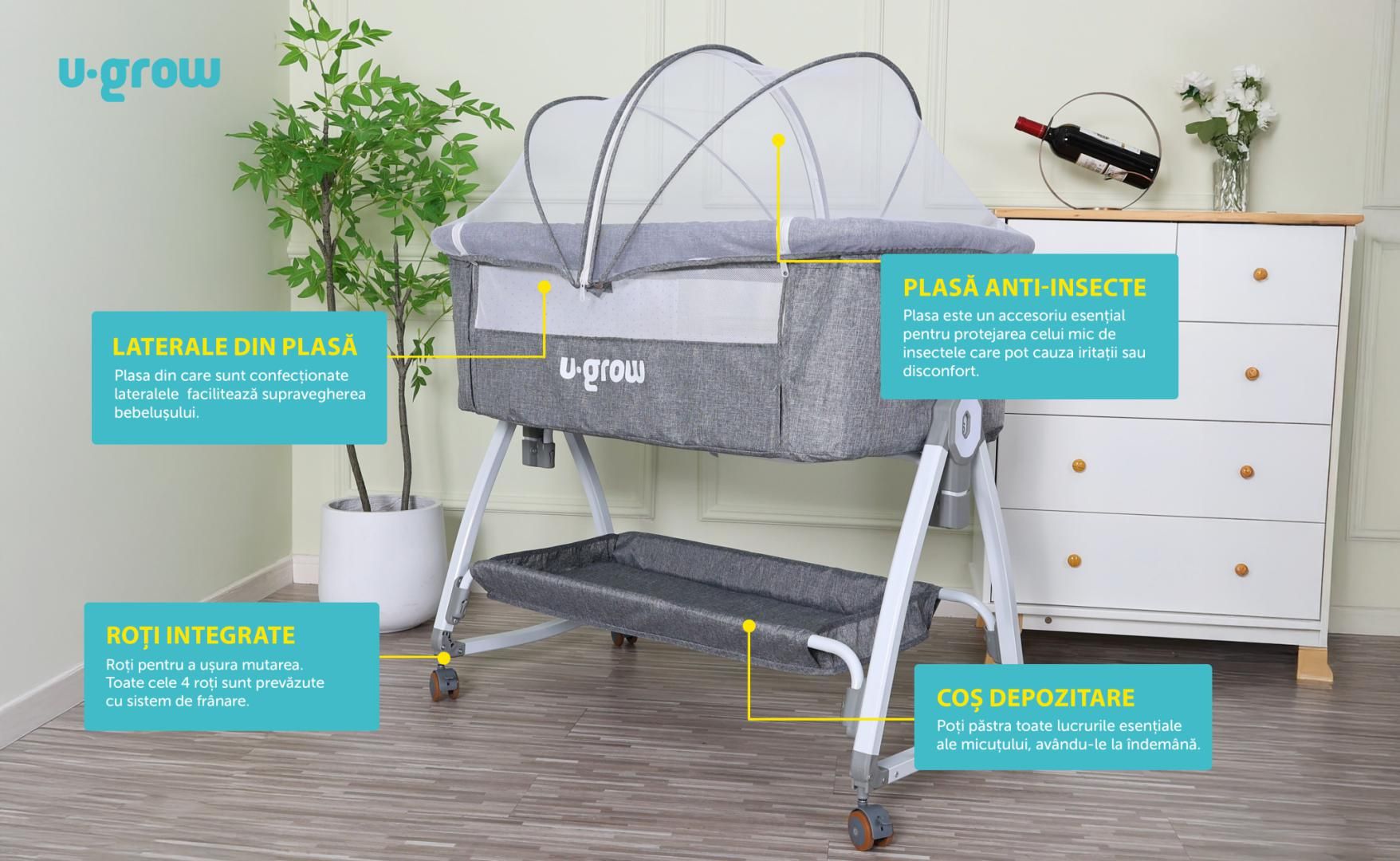 Patut 2 in 1 Co-Sleeper cu functie de leagan, U-Grow_5