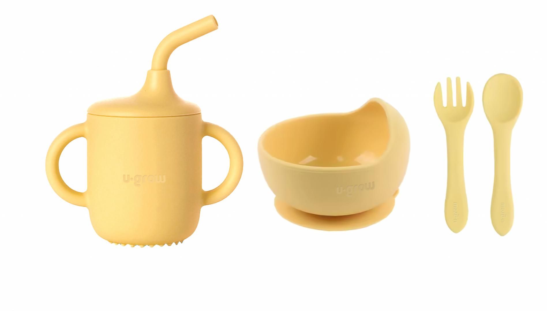 Set 4 piese diversificare din silicon: Cana cu pai, bol , lingurita si furculita, galben, U-Grow_1