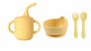 Set 4 piese diversificare din silicon: Cana cu pai, bol , lingurita si furculita, galben, U-Grow_1